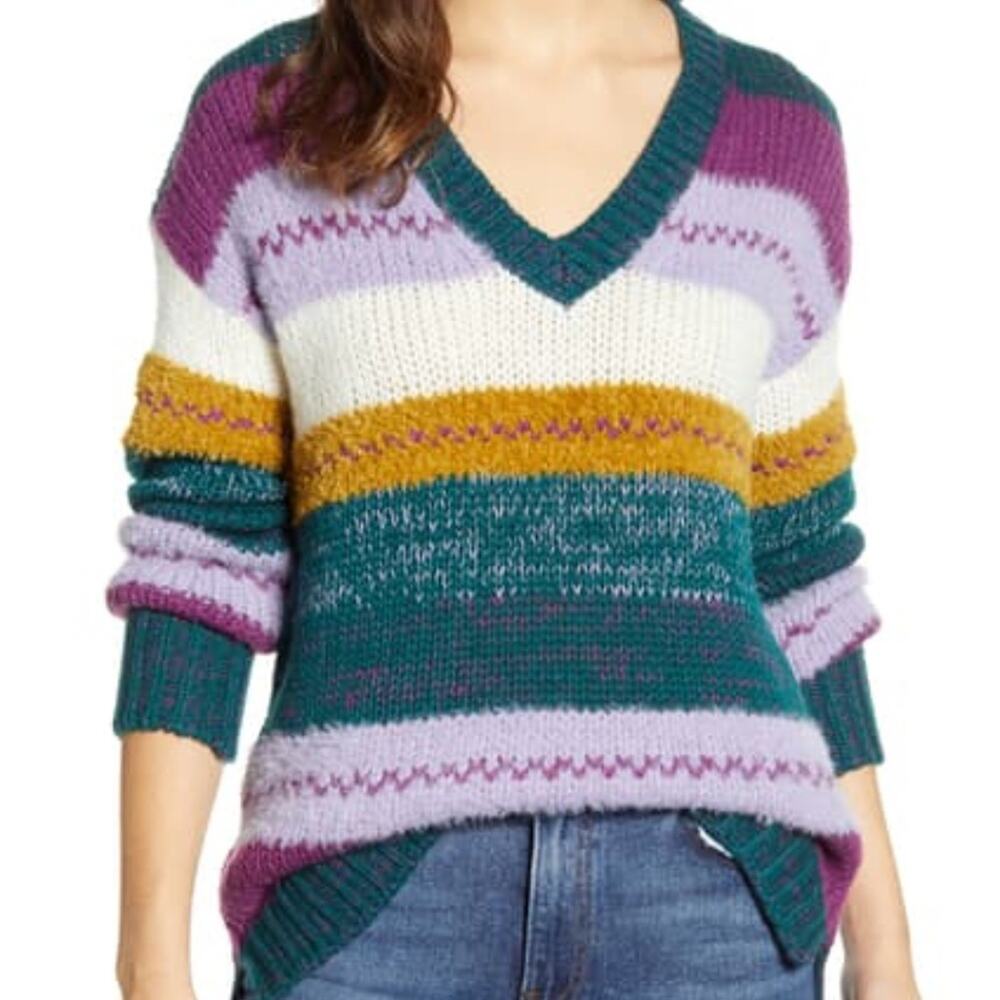 Caslon Mixed Stripe V-Neck Pullover Sweater Size XS